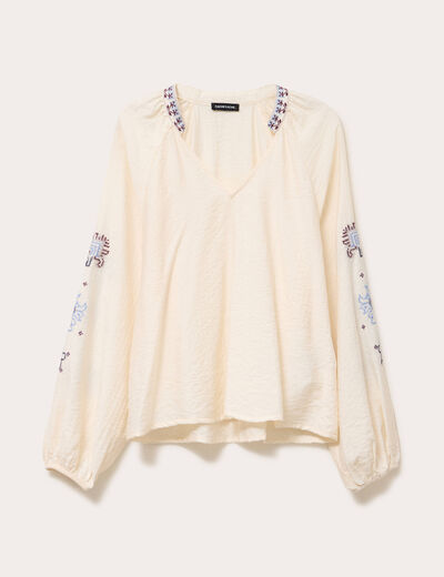 Blouse oversize col v manches longues ecru femme