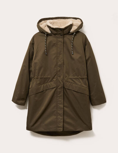 Parka droite mi-longue &agrave; capuche vert kaki femme