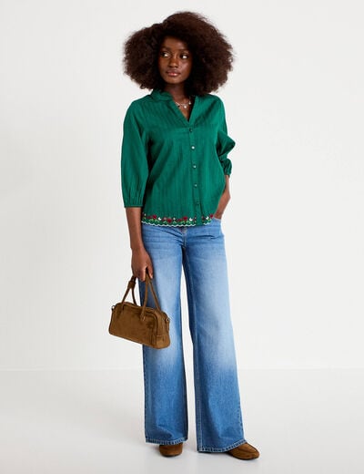 Blouse broderie col v manches 3/4 vert fonc&eacute; femme