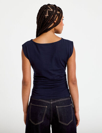 T-shirt ajust&eacute; col bateau sans manches bleu marine femme