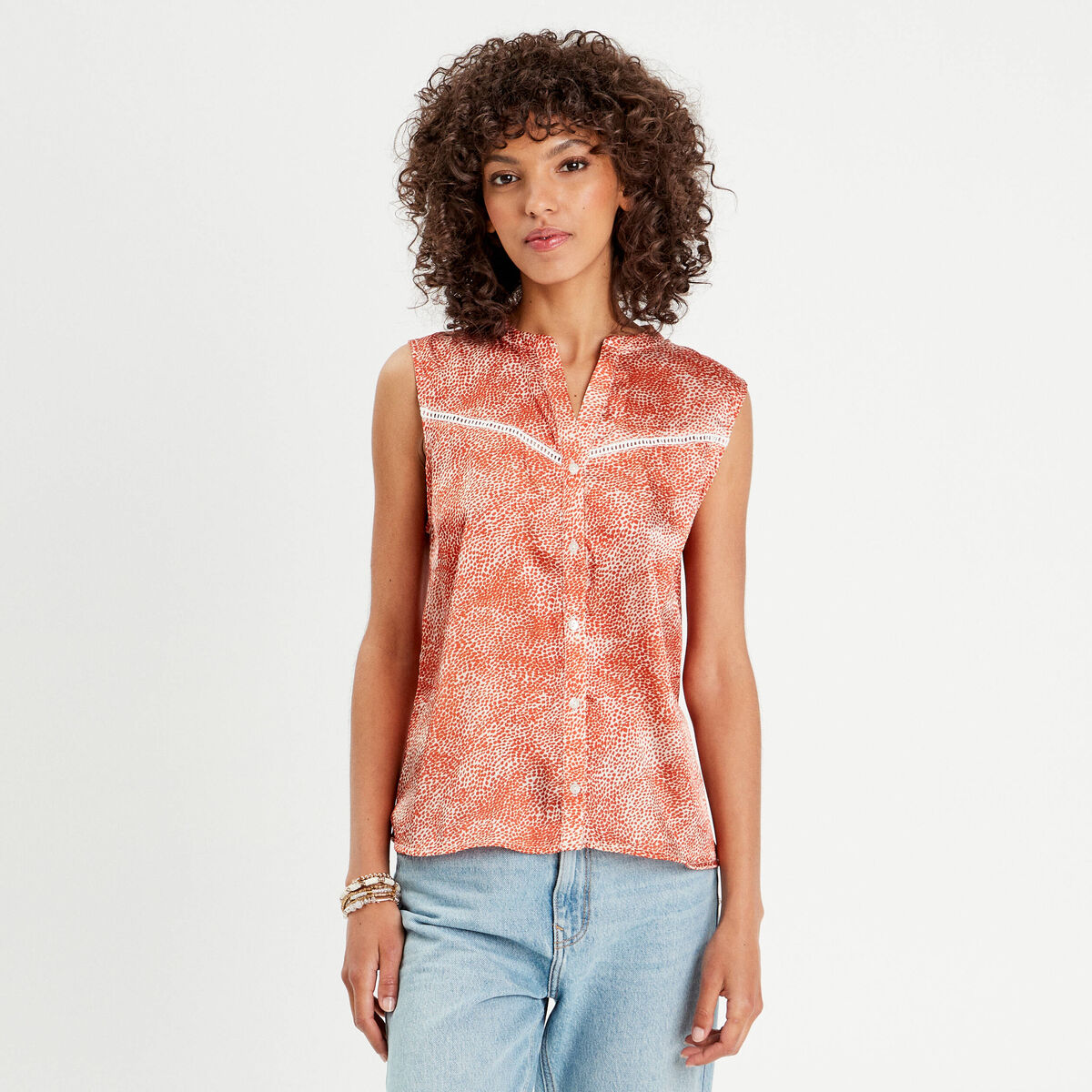 Blouse sans manches satin orange femme