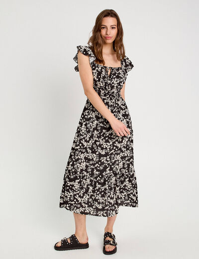 Robe longue évasée volants noir femme