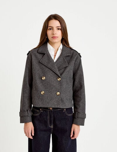 Trench court boutonn&eacute; gris femme