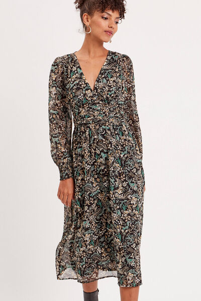Robe midi évasée col en V noir femme