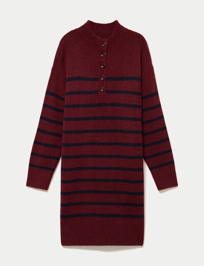 Robe pull droite manches longues 3/4 rouge fonc&eacute; femme