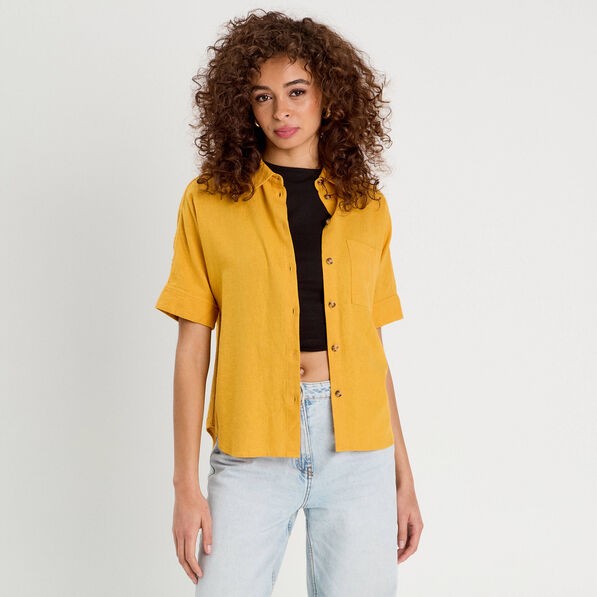 chemise manches courtes contenant du lin jaune citron femme Chemise manches courtes contenant du lin jaune citron femme