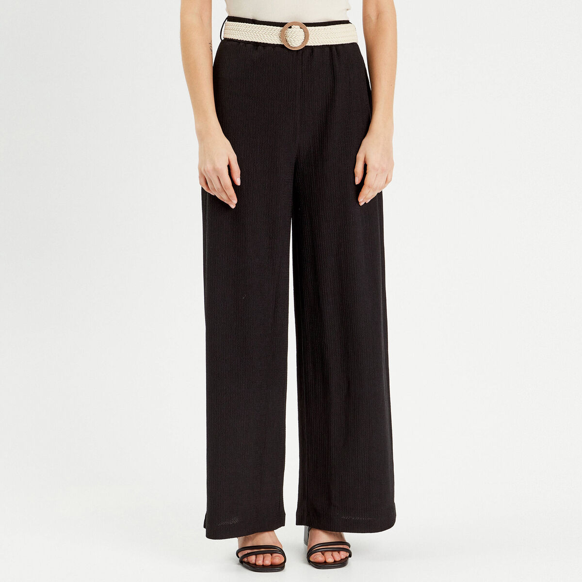 Pantalon large fluide ceinturé noir femme