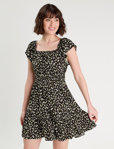Robe évasée manches courtes noir femme