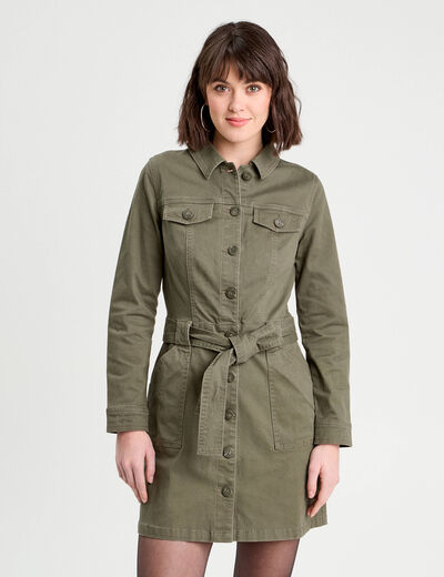 Robe chemise droite ceinturée vert kaki femme