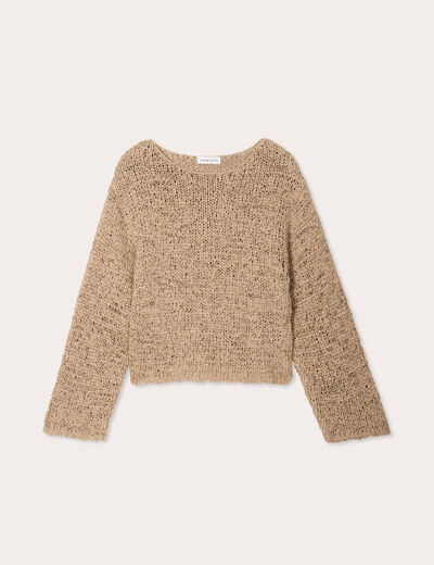 Pull col bateau ajouré beige femme