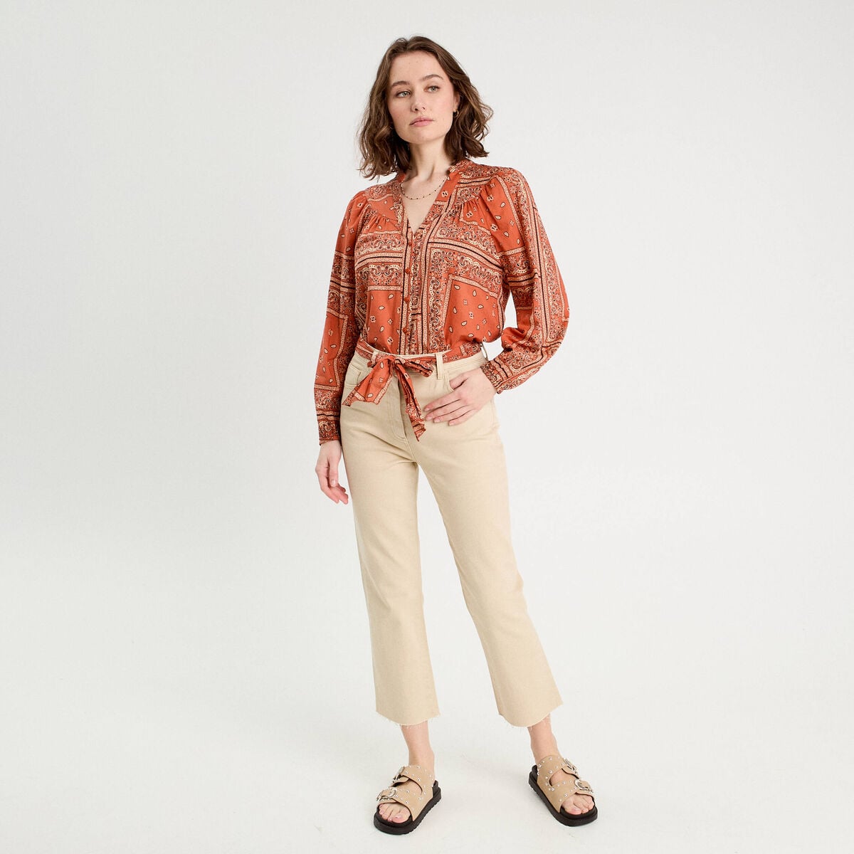 Pantalon flare 7/8&egrave;me marron clair femme