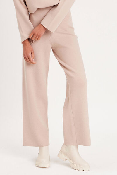 Pantalon tricot jambe large sable femme