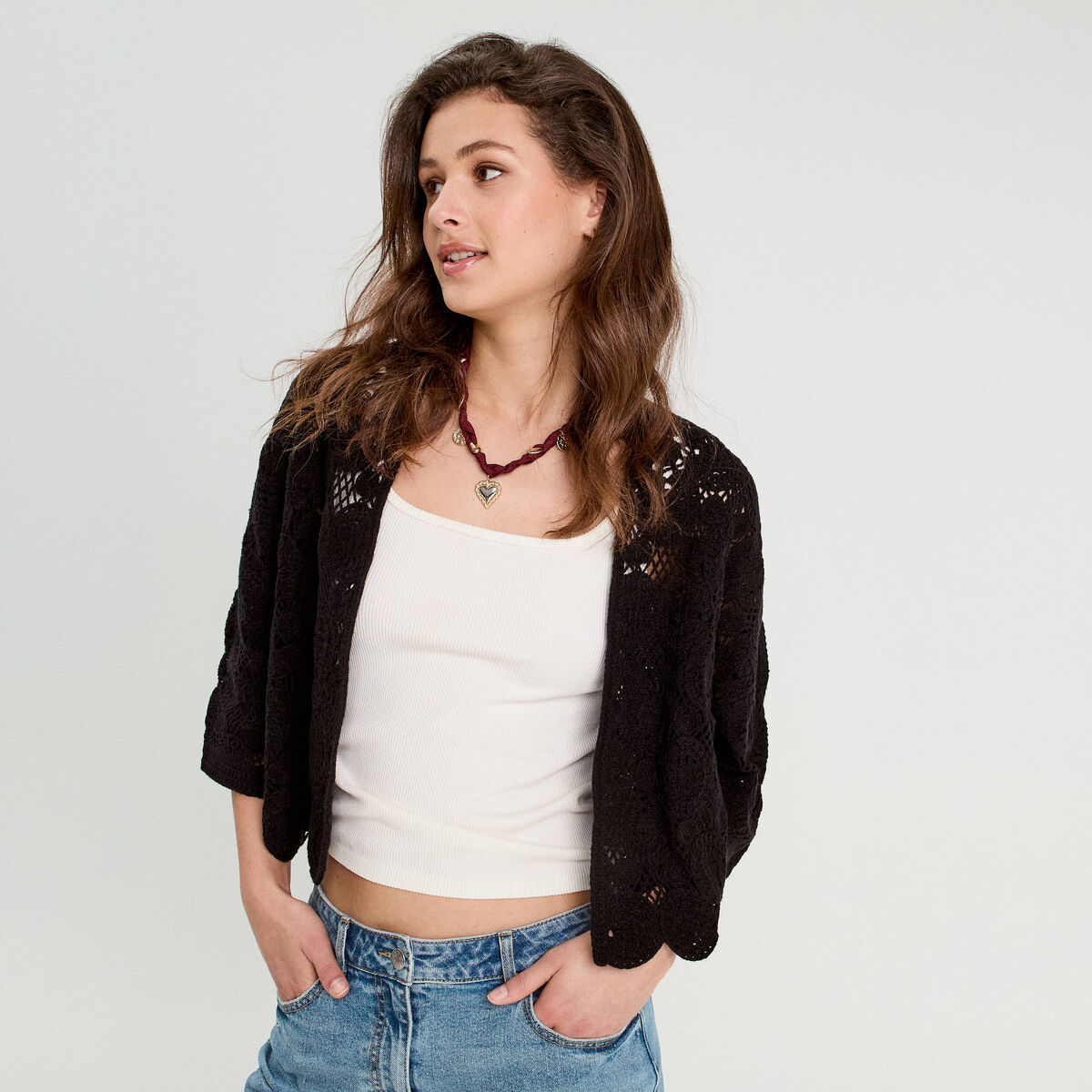 Gilet aspect crochet noir femme