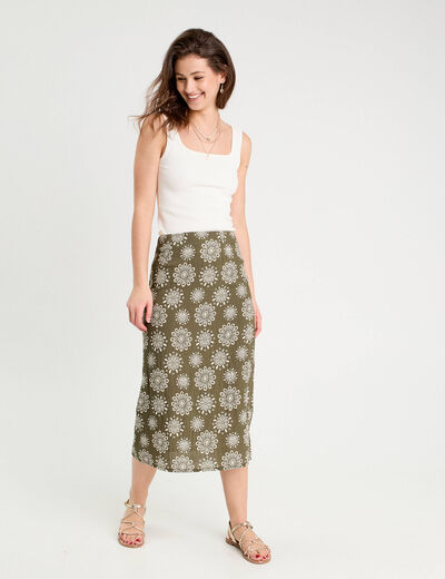 Jupe midi évasée vert kaki femme