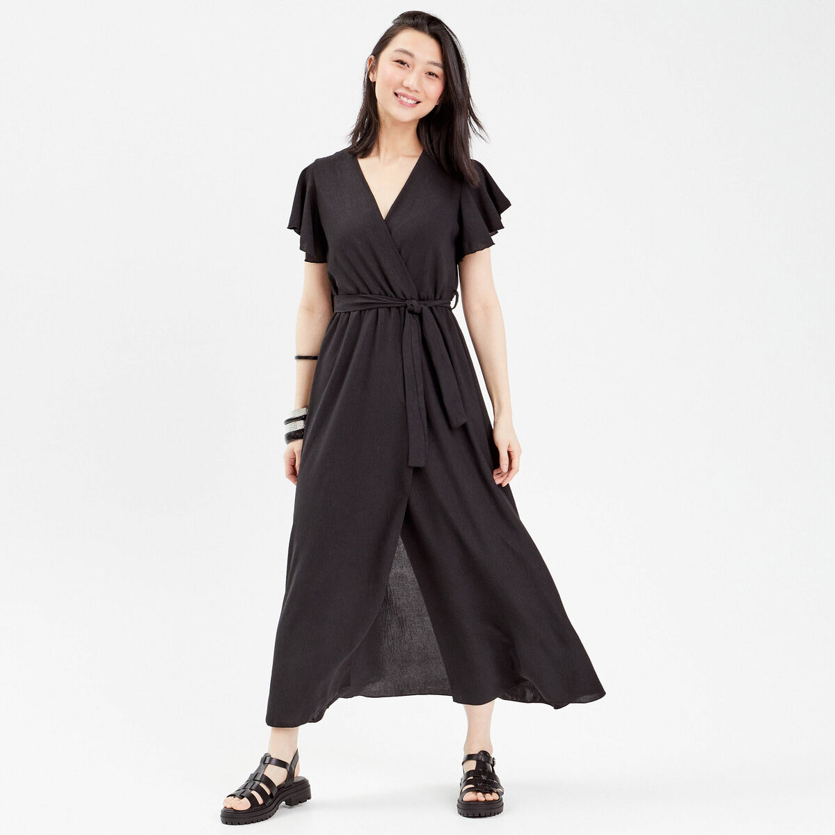 Robe longue évasée cache-coeur noir femme