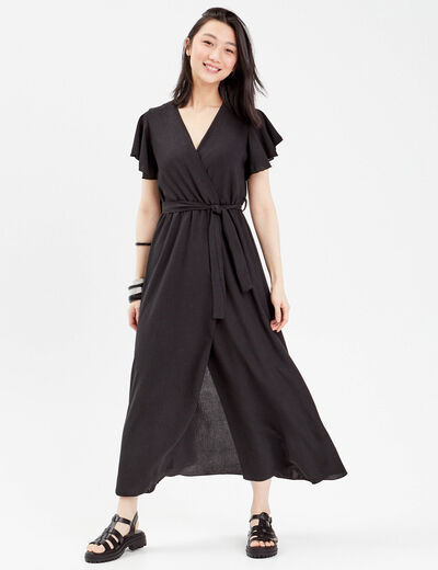 Robe longue évasée cache-coeur noir femme