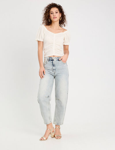 Blouse ajourée manches courtes ecru femme