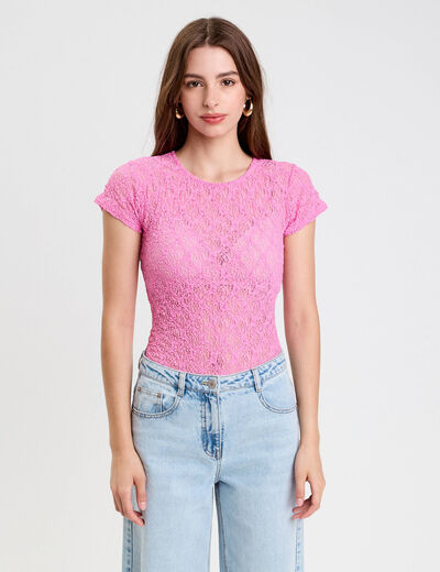 Body ajusté manches courtes dentelle rose femme