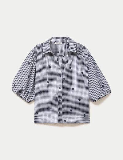 Chemise droite col classique manches 3/4 bleu marine femme