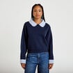 Sweat col chemise manches longues bleu marine femme