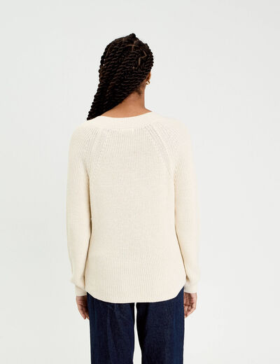 Pull col v manches longues ivoire femme
