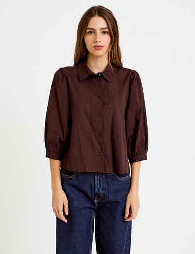 Chemise droite col classique manches 3/4 marron fonc&eacute; femme
