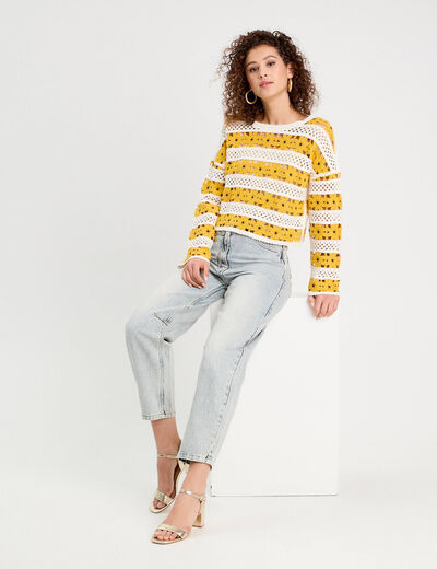 Pull ajouré effet crochet jaune citron femme