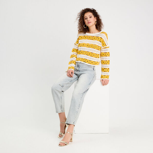 pull ajoure effet crochet jaune citron femme Pull ajouré effet crochet jaune citron femme
