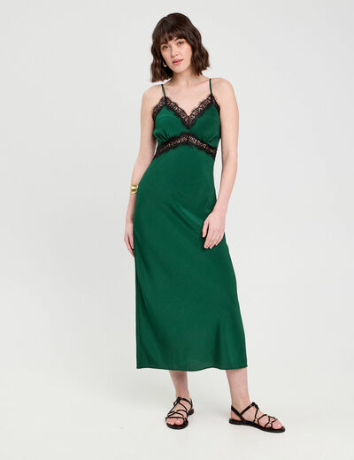 Robe longue ajustée dentelle vert foncé femme