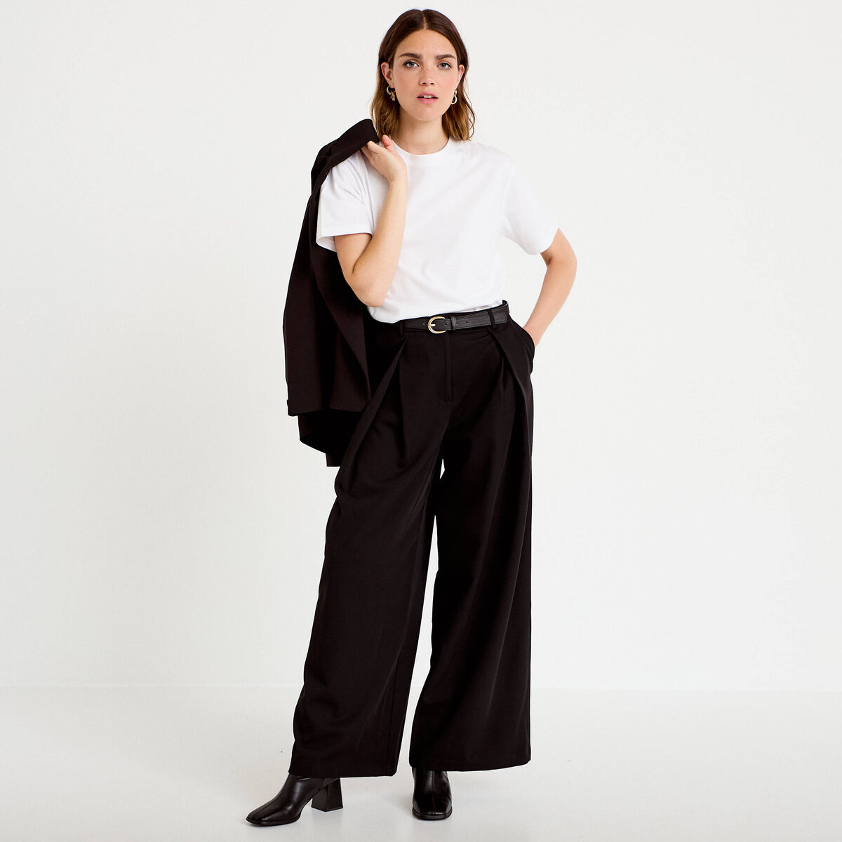 Pantalon large avec ceinture amovible noir femme
