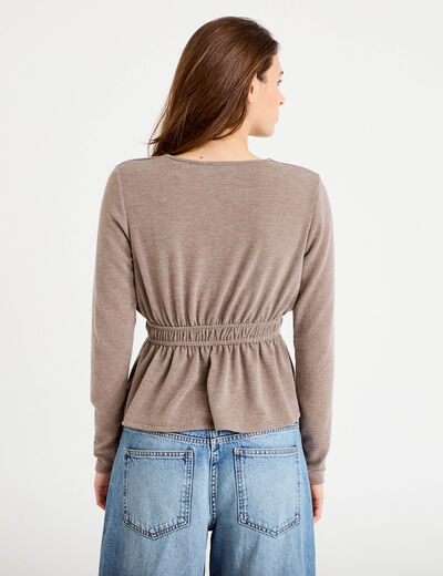 Blouse cintr&eacute;e col v manches longues beige femme