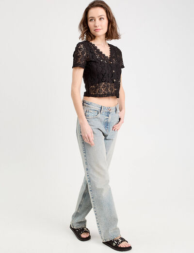 Gilet macramé boutonné noir femme