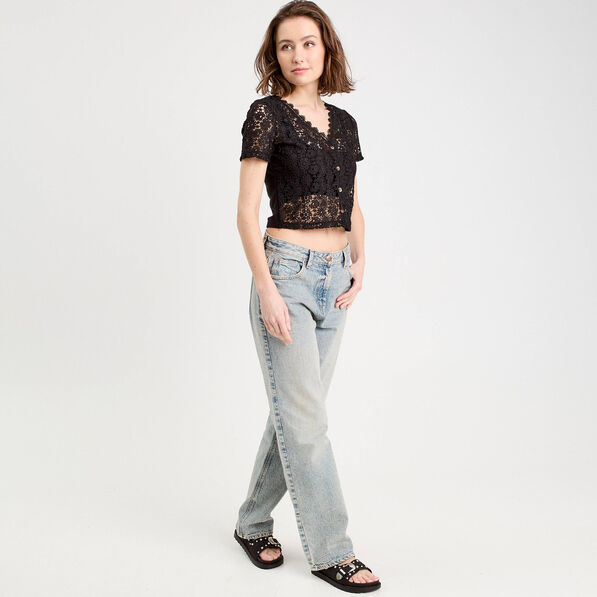 Gilet macramé boutonné noir femme