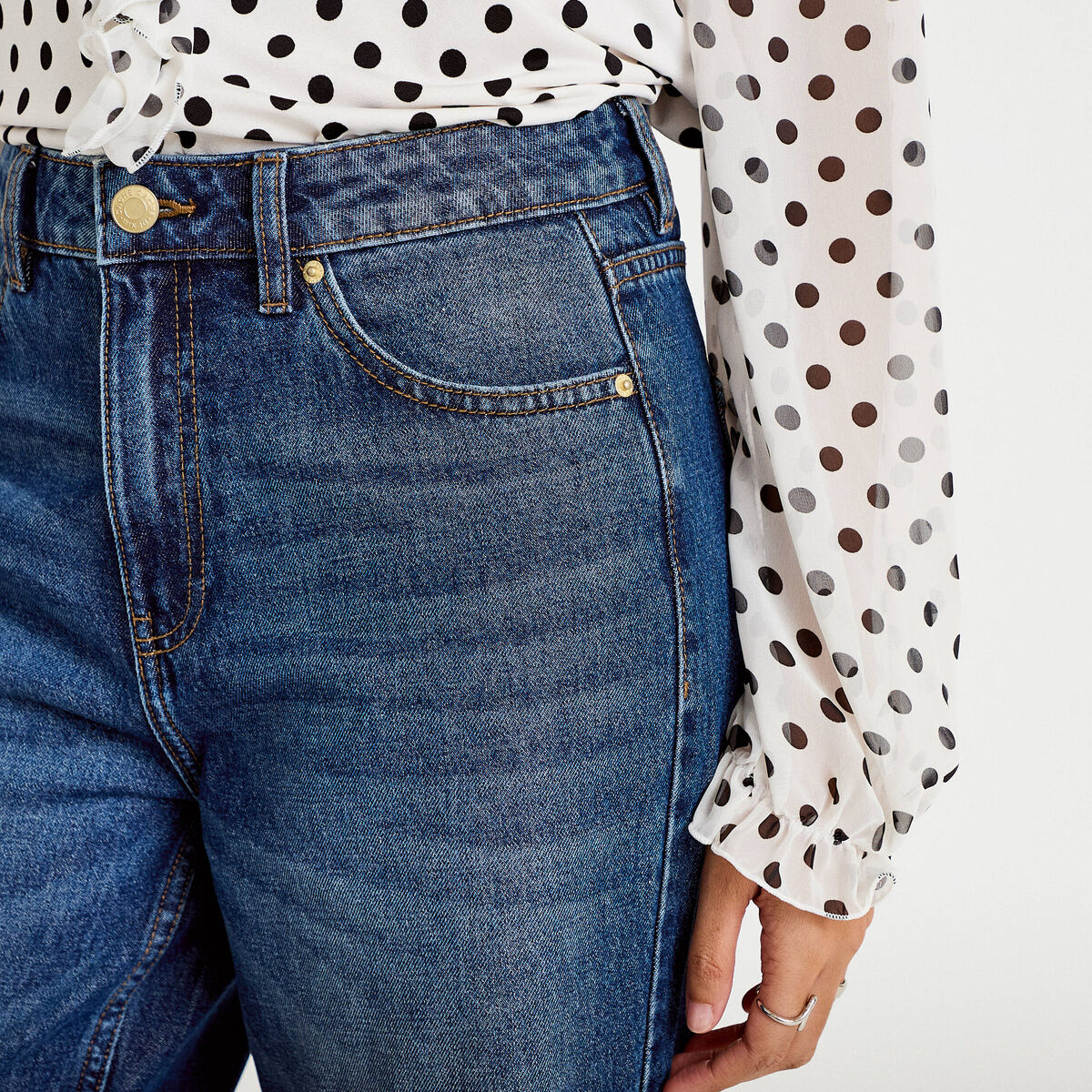 Jeans wide leg taille haute bleu fonc&eacute; femme