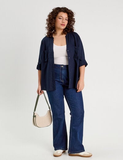 Chemise manches 3/4 contenant du lin bleu marine femme