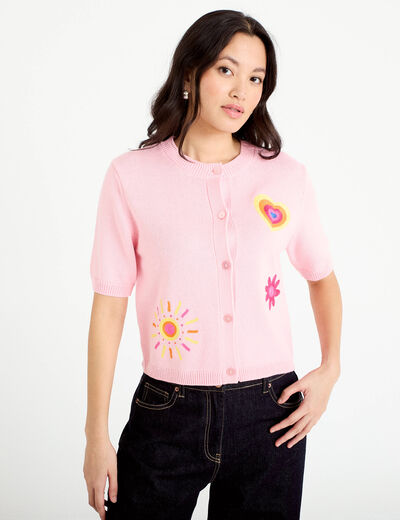Gilet brod&eacute; manches courtes rose corail femme