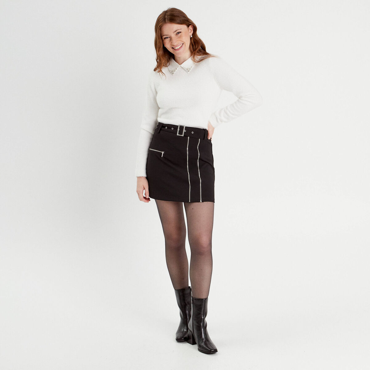 Jupe droite détails zippés noir femme