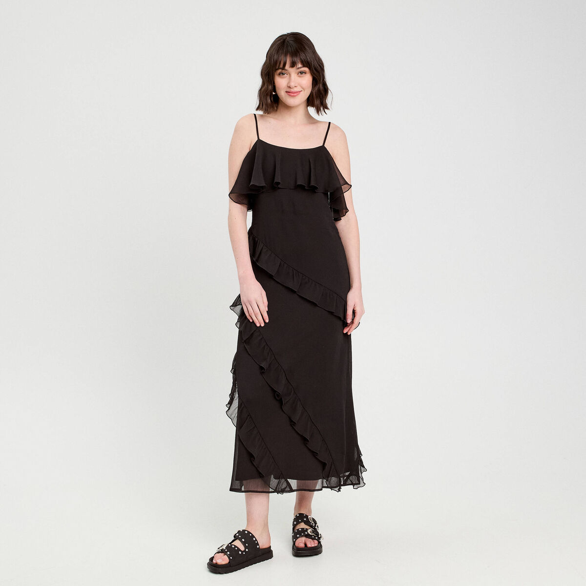 Robe longue droite volants noir femme