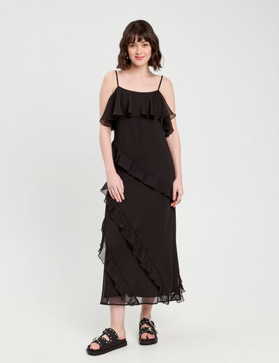 Robe longue droite volants noir femme