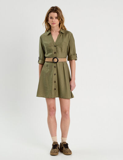Robe chemise trapèze ceinturée vert kaki femme