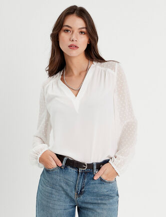 Blouse manches plumetis ecru femme