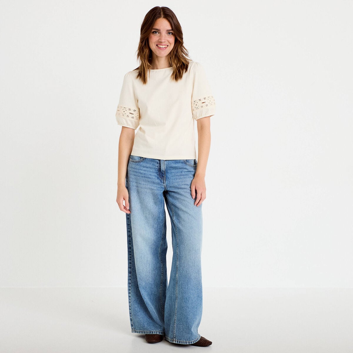 T-shirt col rond manches courtes ecru femme