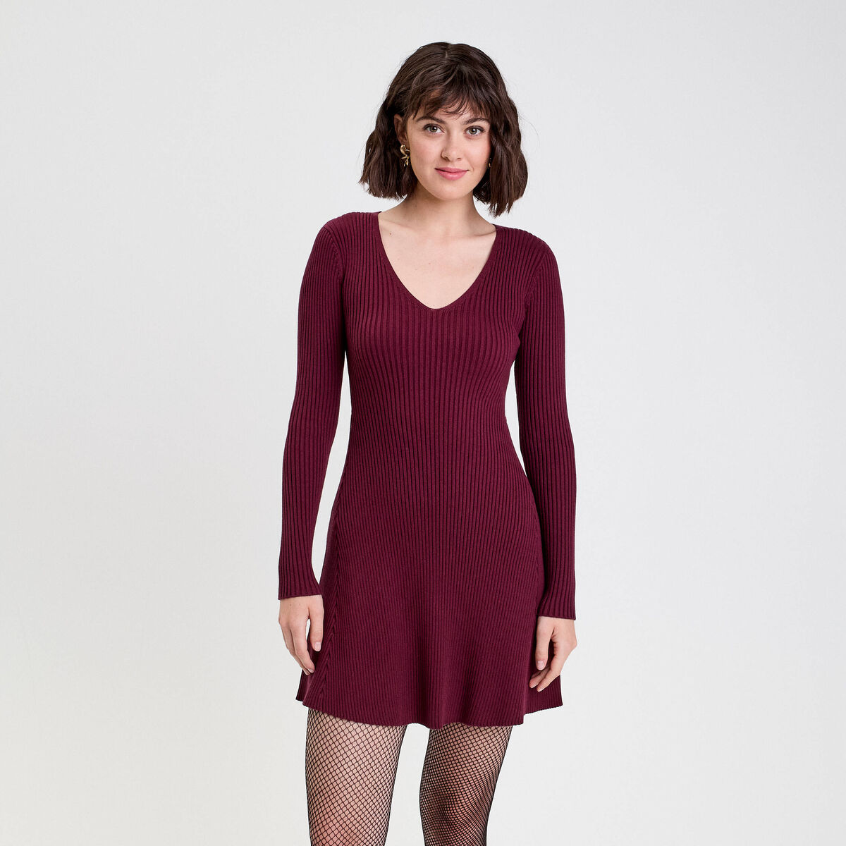 Robe tricot patineuse c&ocirc;tel&eacute;e bordeaux femme
