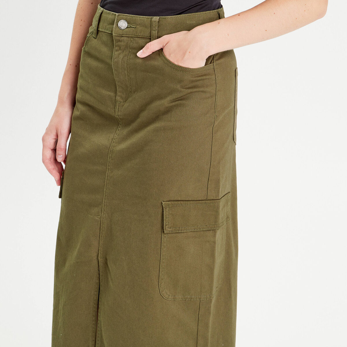 Jupe midi droite poches rabats vert foncé femme