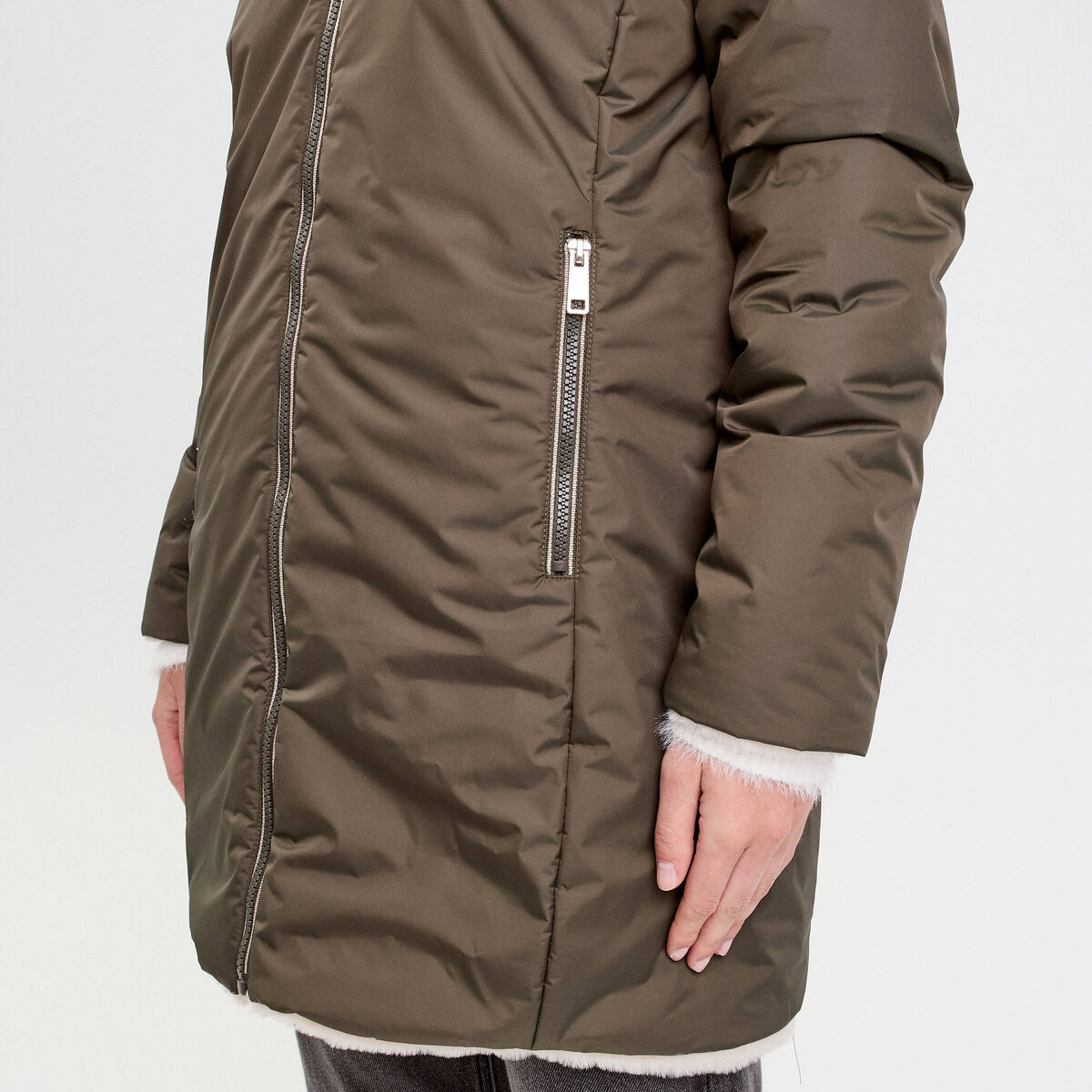 Parka r&eacute;versible &agrave; capuche vert kaki femme