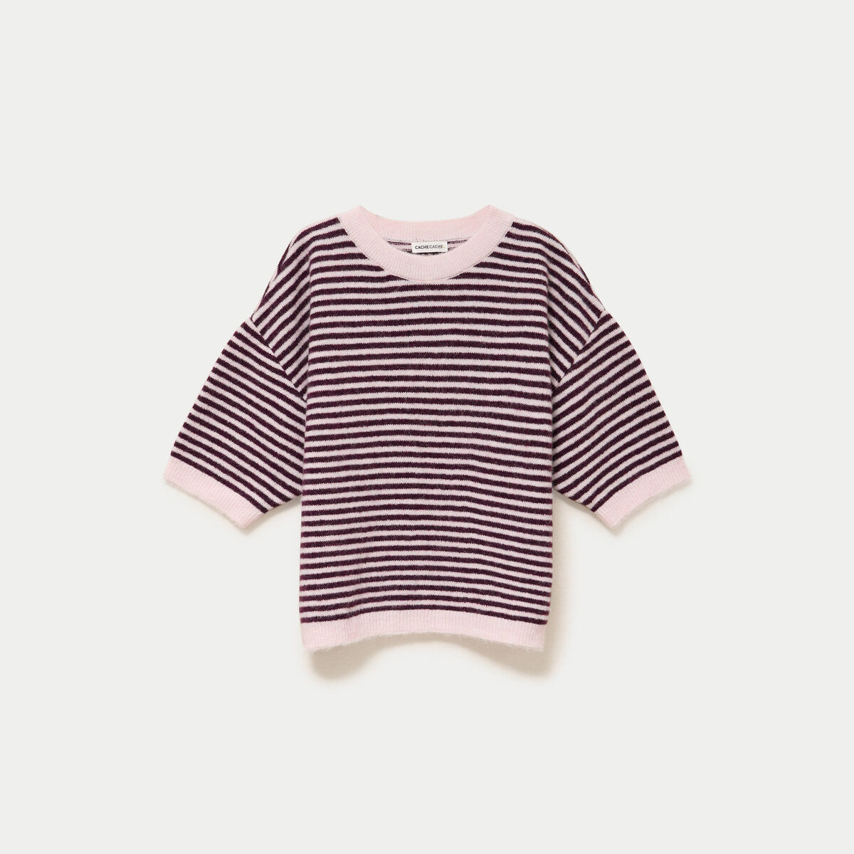Pull ample duveteux manches courtes prune femme