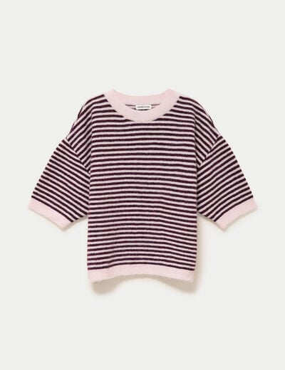Pull ample duveteux manches courtes prune femme