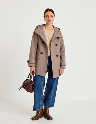 Pull ajour&eacute; col v manches courtes beige femme