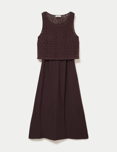 Robe longue bi-mati&egrave;re col rond marron fonc&eacute; femme