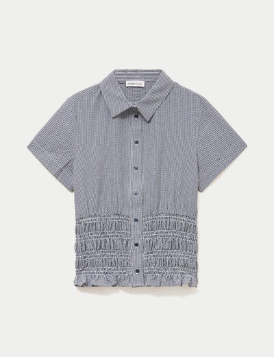 Chemise cintr&eacute;e manches courtes bleu marine femme